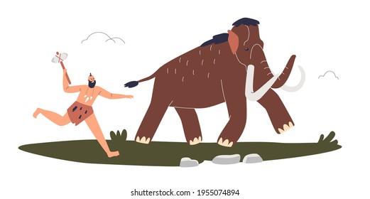 Primitive Stone Age Man Hunting On The Mammoth. Hunter Chasing Huge Animals For Food And Bones In The Tribe. Cartoon Flat Vector Illustration