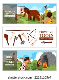 Primitive Stone Age Man Tribe. Primal Animals Hunters. Fire In Cave. Family Painting. Women Cooking Food. Paleolithic Weapon. Garish Horizontal Flyers Set. Vector Banner Background