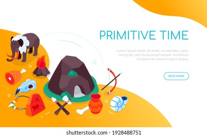 Primitive time - modern colorful isometric web banner with copy space for text. Rock art and stone tools of historic era illustration. Necklace, mammoth, bone, bow, arrow, skull, vase, bonfire images