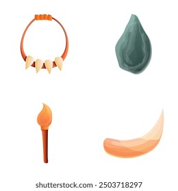 Primitive tool icons set cartoon vector. Stone age tool. Prehistoric period