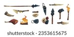 Primitive tools. Ancient stone knife and sharp barbarian rock stick, prehistoric flat weapon and tool icons. Age, civilization and evolution symbols vector set. Hunter or caveman objects