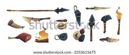 Primitive tools. Ancient stone knife and sharp barbarian rock stick, prehistoric flat weapon and tool icons. Age, civilization and evolution symbols vector set. Hunter or caveman objects