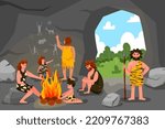 Primitive tribe cave people. Stone age. Primal painting. Ancient tribesmen. Rock drawing. Man and woman around bonfire. Food in fire. Garish illustration. Vector Prehistoric composition