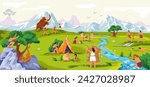 Primitive tribe life. Prehistoric people scene, caveman fur animals hunting gets tool food or fire, family characters ancient clothes stone age history vector illustration of prehistoric primitive