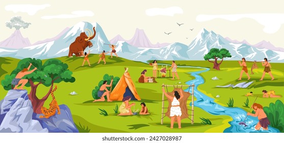 Primitive tribe life. Prehistoric people scene, caveman fur animals hunting gets tool food or fire, family characters ancient clothes stone age history vector illustration of prehistoric primitive