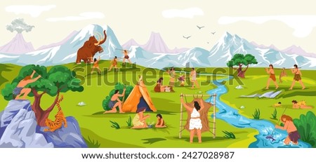 Primitive tribe life. Prehistoric people scene, caveman fur animals hunting gets tool food or fire, family characters ancient clothes stone age history vector illustration of prehistoric primitive [[stock_photo]] © 
