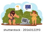Primitive tribe people with modern technology vector illustration. Cartoon cave man woman characters standing with old broken computer, caveman dreaming of new pc, tech evolution isolated on white