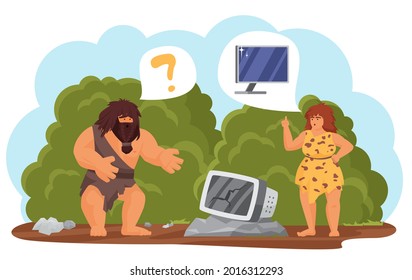 Primitive tribe people with modern technology vector illustration. Cartoon cave man woman characters standing with old broken computer, caveman dreaming of new pc, tech evolution isolated on white