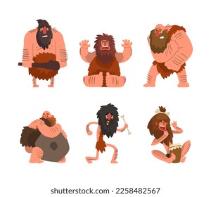 Primitive and Troglodyte with Beard and Hairy Body with Bone and Bludgeon Vector Set