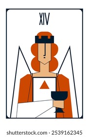 Primitive vector drawing depicting a tarot card Temperance in the form of an angel with a bowl in his hand in red and white colours 