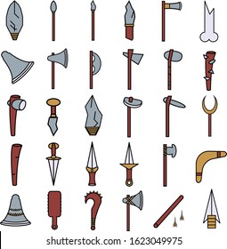 primitive weapon flat color icon set