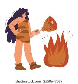 Personagem de mulher primitiva e Caveman fritando carne na ilustração de vetor de fogo