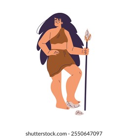 Primitive Woman Character and Caveman in Loincloth Stand with Spear Vector Illustration