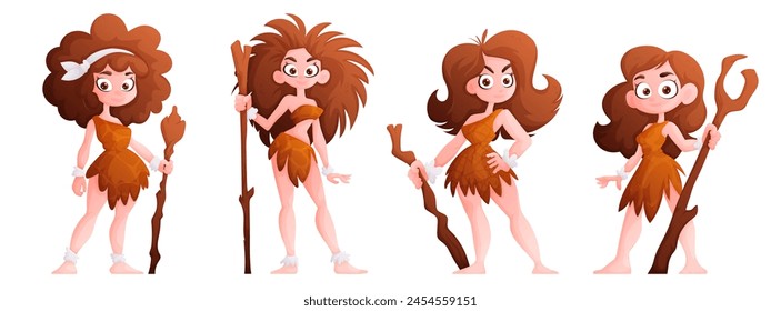 Primitive woman character, prehistoric primitive people in stone age cartoon set. Neanderthal girl in the skin of an animal with a club in her hand.