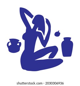 Primitive woman combing her hair surrounded by pots. Rock painting style. Vector hand drawn illustration isolated on white background. Image of cave people everyday life.Art element for card or poster