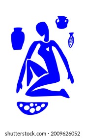 Primitive woman cooking with pots and fish. Rock painting style. Vector hand drawn illustration isolated on white background. Image of cave people everyday life.Art element for card or poster design.