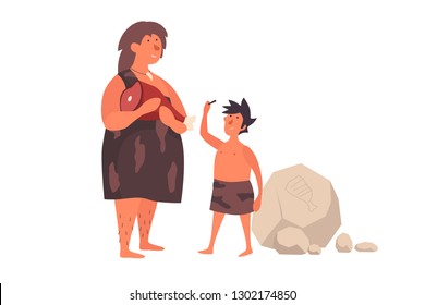 A primitive woman, dressed in her skin, holds meat and talks to her child. The life of Neanderthals and cavemen. Vector flat illustration on white isolated background.