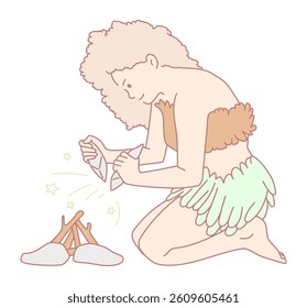 A primitive woman is kneeling by a fire, skillfully attempting to start a flame for cooking and warmth