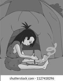 primitive woman making fire on cave background, vector cartoon illustration of prehistoric technology