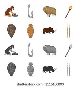 Primitive, woman, man, cattle .Stone age set collection icons in cartoon,monochrome style vector symbol stock illustration web.