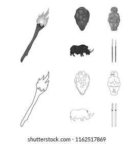 Primitive, woman, man, cattle .Stone age set collection icons in outline,monochrome style vector symbol stock illustration web.