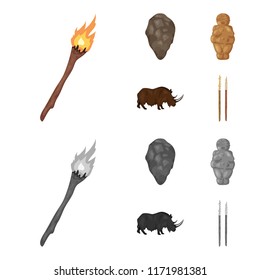 Primitive, woman, man, cattle .Stone age set collection icons in cartoon,monochrome style vector symbol stock illustration web.