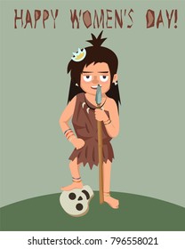 primitive woman with spear and enemy skull, women's day greeting - funny vector cartoon illustration in flat style