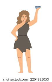Primitive woman with stone. Young girl found charm, amulet or talisman. Graphic element for website, poster or banner, sticker for social networks. Scene BC, history. Cartoon flat vector illustration