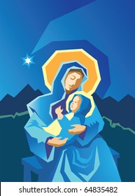 Primitive woodcut style illustration of Virgin Mary and Baby Jesus with star of Bethlehem in the background.