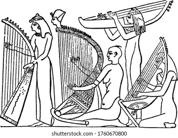Primitive-looking instrument was played horizontally, being born upon the performer's shoulder. Between them and the grand vertical harps in the frescos of the time of Rameses II, vintage line drawing