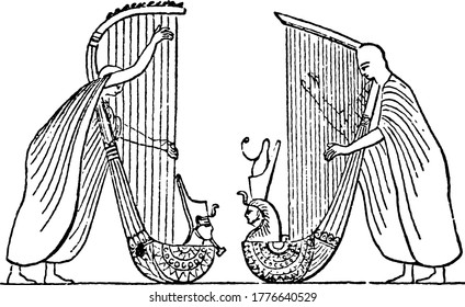 Primitive-looking instrument was played horizontally, being born upon the performer's shoulder. Between them and the grand vertical harps in the frescos of the time of Rameses II, vintage line drawing