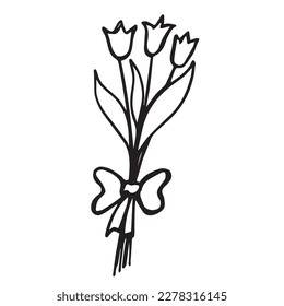 Primitively drawn bouquet of tulips, isolate on white, sketch, contour drawing