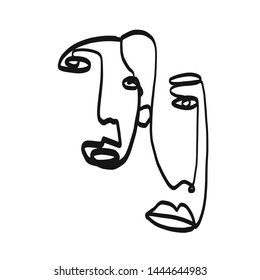 Primitivism linear abstract face drawing. Contemporary creative portrait drawing. Black and white graphic art. Cubism artwork. Aesthetic trendy vintage design for poster, wall art, sticker, print 
