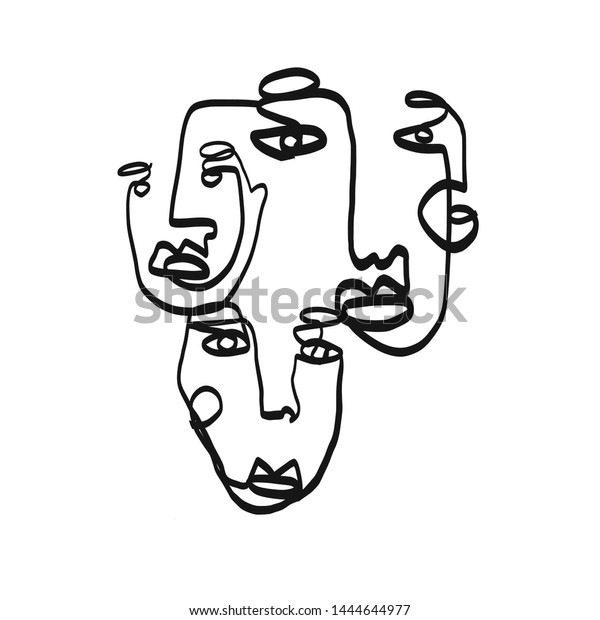 Primitivism linear abstract face drawing. Contemporary\
creative portrait drawing. Black and white graphic art. Cubism\
artwork. Aesthetic trendy vintage design for poster, wall art,\
sticker, print 