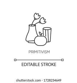 Primitivism pixel perfect linear icon. Vase and fruit painting in minimalism style. Thin line customizable illustration. Contour symbol. Vector isolated outline drawing. Editable stroke