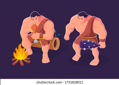 Primordial man sitting in from of fire 