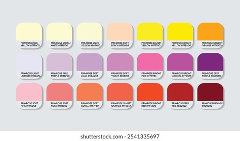 Paleta de cores de flor de rosa, Paleta de guias de cores de rosa com nomes de cores. Amostras de Catálogo de códigos RGB HEX Primrose. Variações de Primula vulgaris natural, Paleta de cores de Primrose da tendência da moda