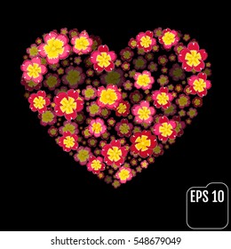Primrose Flowers Heart Over Black. Valentine. Love. 3d Effect