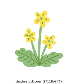 Primrose, handgezeichnetes Symbol. Süße gelbe Blütenblüte mit grünen Blättern. Kinderlich ausgeschnittenes Pflanzenelement. Dekorativer Garten, Vektorgrafik
