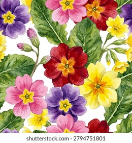 Primrose pattern with colorful flowers and green leaves. Red, yellow, pink, and purple blossoms in seamless repeat. Dense composition for vivid look. Suitable for fabric, wallpaper, stationery, packaging, home decor, spring and summer design. Vector primrose flower seamless pattern.