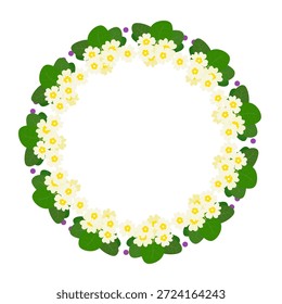 Primrose round frame isolated on a white background. Yellow flowers and green leaves in the flat style. The center of the frame is free for text. Spring floral decor.