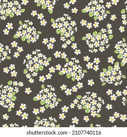 Primrose Spring Garden flower hand drawn vector seamless pattern. Vintage Romantic Liberty inspired Petite floral ditsy print. Bloomy calico dark background for fashion fabric or home textile