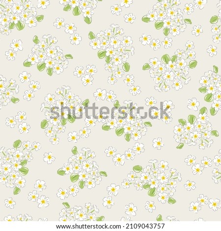 Primrose Spring Garden flower hand drawn vector seamless pattern. Vintage Romantic Liberty inspired Petite floral ditsy print. Bloomy calico neutral background for fashion fabric or home textile