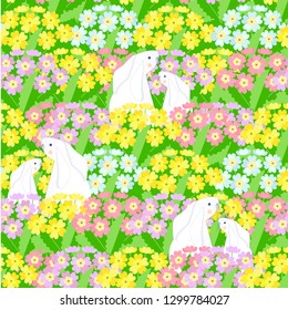 Primrose, and white hare seamless pattern. Pink, blue, violet spring flowers, green leaves, rabbit background. Flat design element stock vector illustration for web, for print