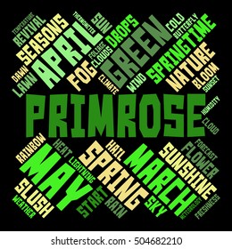 Primrose word cloud in shape of square on black background. Seasons concept. Vector.
