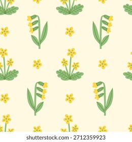 Primrose Padrão Sem Costura Amarelo. Mão bonito desenhado Springtime Fundo com flores silvestres folhas e flores. Ilustração de vetor de repetição Floral de primavera
