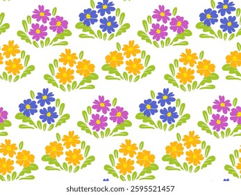 primula floral seamless pattern, clusters of pink, blue, and yellow flowers with lush green leaves. Perfect for spring, season designs, textiles, gift wraps, and stationery.
