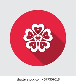 Primula flower icon. Spring flowers. Floral symbol. Round circle flat icon with long shadow. May be used in cuisine. Vector isolated.