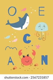 Prinable poster design with ocean animals. Vector sea illustrations -crab, jellyfish, shark and shells. Kids printable card.
