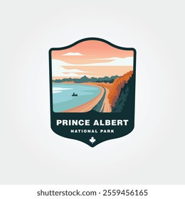 prince albert canada national park vintage logo design, a person is riding a canoe in the sea poster